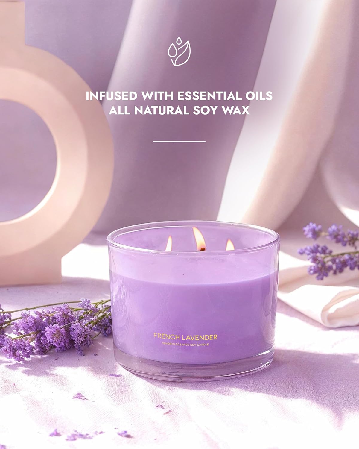 96NORTH Luxury Lavender Soy Candle | Large 3 Wick Jar Candle | Up to 50 Hours Burning Time | 100%