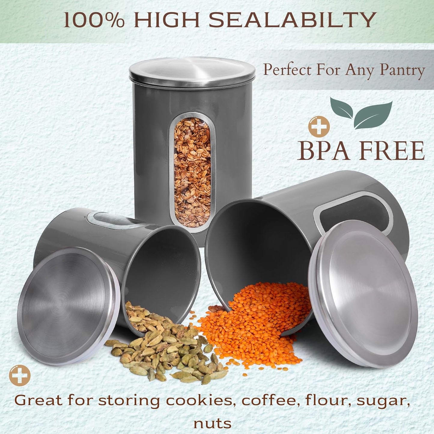 Moss & Stone 3-Piece Gray Canisters Sets For The Kitchen, Airtight Canister Set With See Through