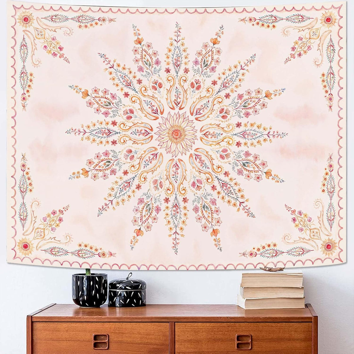 Fowocu Boho Floral Mandala Tapestry for Bedroom Aesthetic Pink Bohemian Flower Wall Tapestry