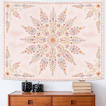 Fowocu Boho Floral Mandala Tapestry for Bedroom Aesthetic Pink Bohemian Flower Wall Tapestry