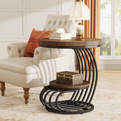 Tribesigns Round End Side Table: 2 Tiers Side Table Set of 2, Vintage End Table for Living Room
