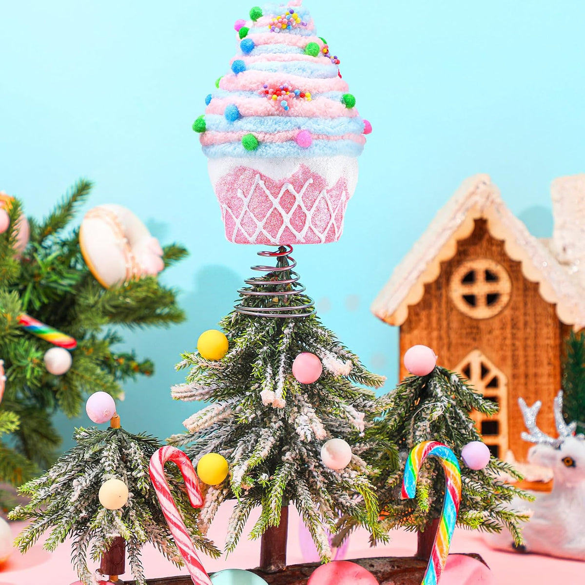 Retisee 7.9 Inch Pastel Dessert Christmas Tree Topper Pink Cupcake Tree Topper Candy Donut