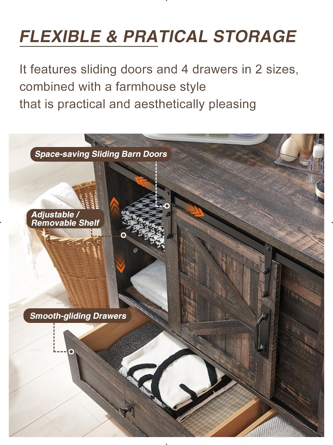T4TREAM 48'' Farmhouse Dresser w/4 Drawers & 2 Sliding Barn Doors, Tall Chest of Drawers Organizer