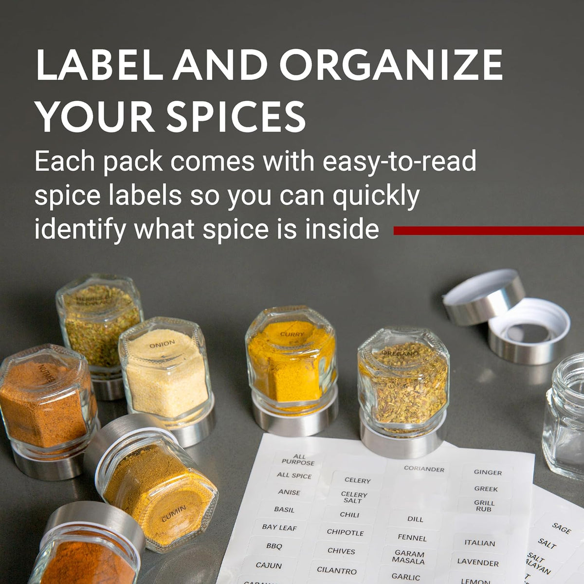 IMPRESA Hexagon Magnetic Spice Jars - 15 Pack 1.74 oz Glass Jars With Stainless Steel Lids