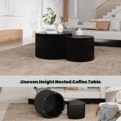 Round Nesting Coffee Table, Drum Wood Coffee Table Set of 2 Black, Modern Fluted Nesting Tables