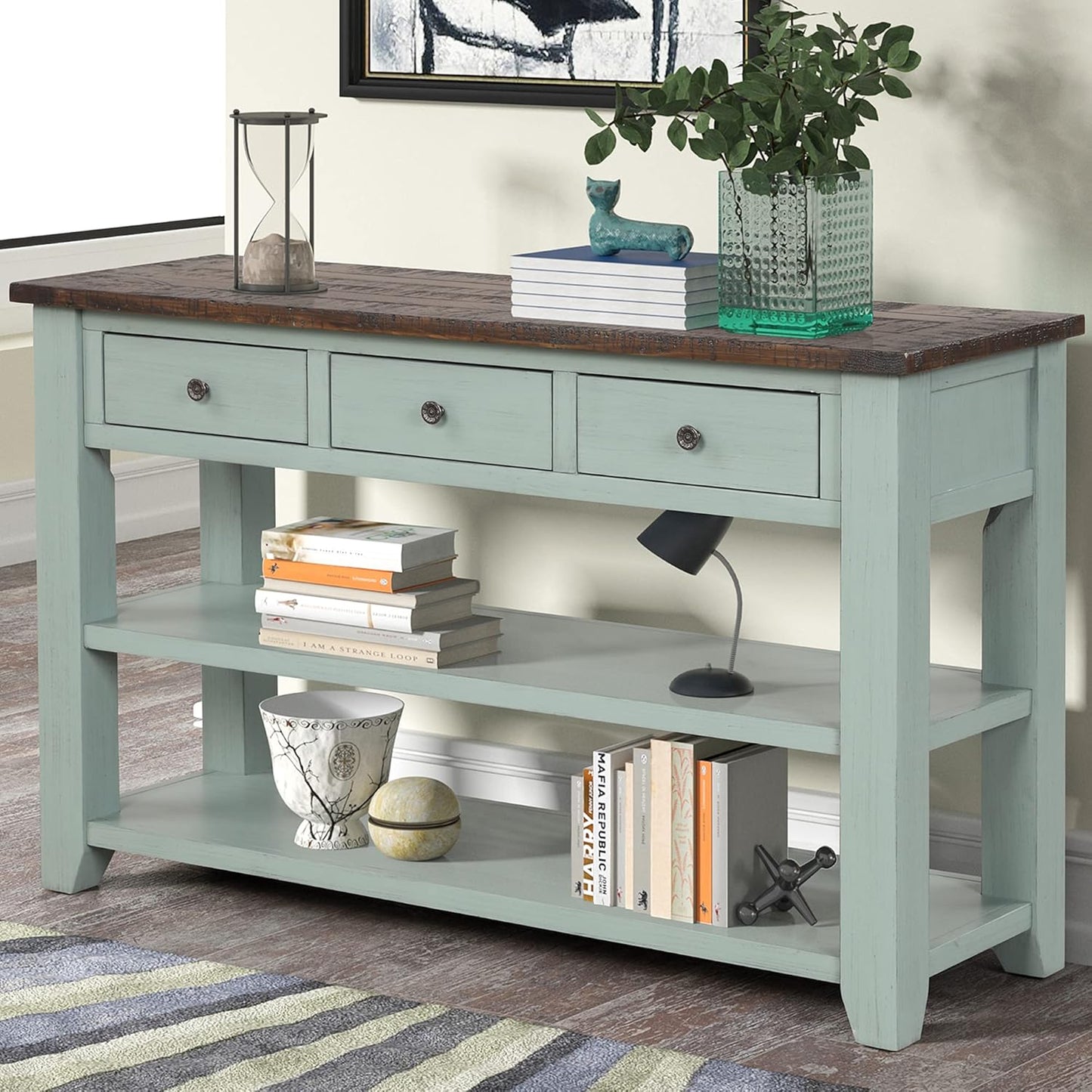 Solid Wood Console Table Sofa Table with Storage Drawers and Bottom Shelf Entryway Table for Entry