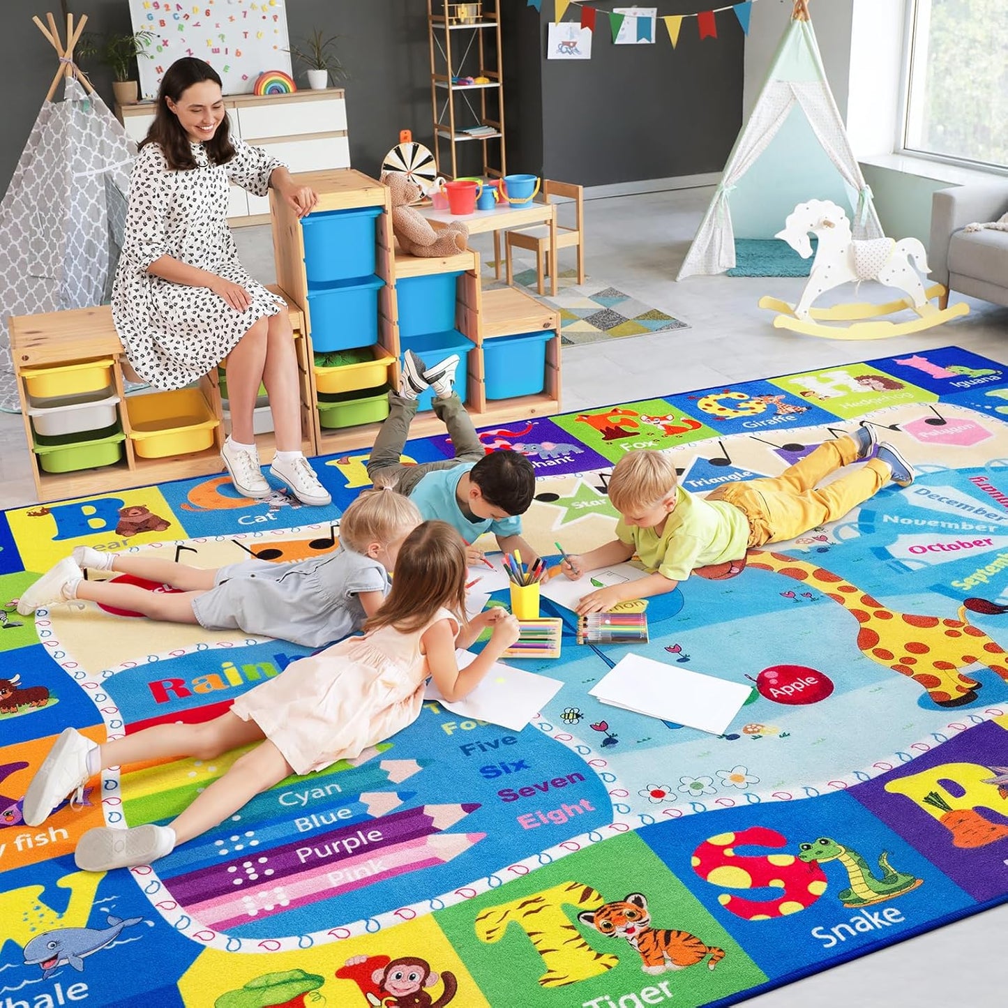 Kids Rugs for Playroom Washable, Educational and Fun Learning Rugs with ABC Alphabet Animals