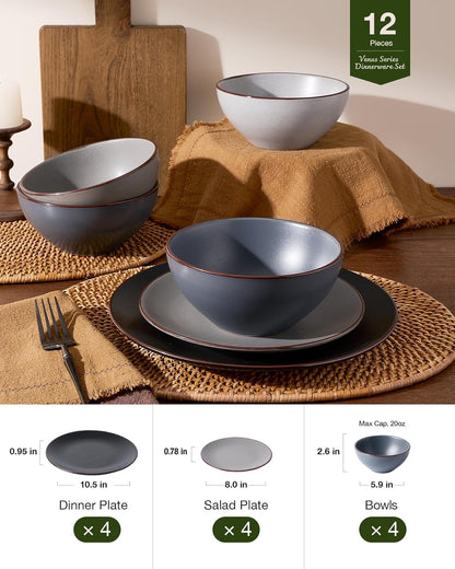 Famiware Venus Plates and Bowls Sets, 12 Pieces Stoneware Speckled Dinnerware Sets, Dishes Set for