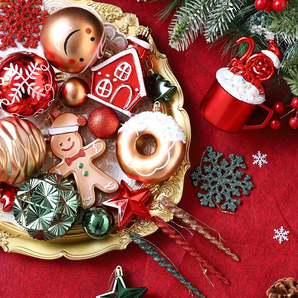 Gingerbread Man Christmas Tree Ball Ornaments Set - 72 ct Red Green Copper Gold Plastic