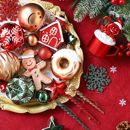 Gingerbread Man Christmas Tree Ball Ornaments Set - 72 ct Red Green Copper Gold Plastic