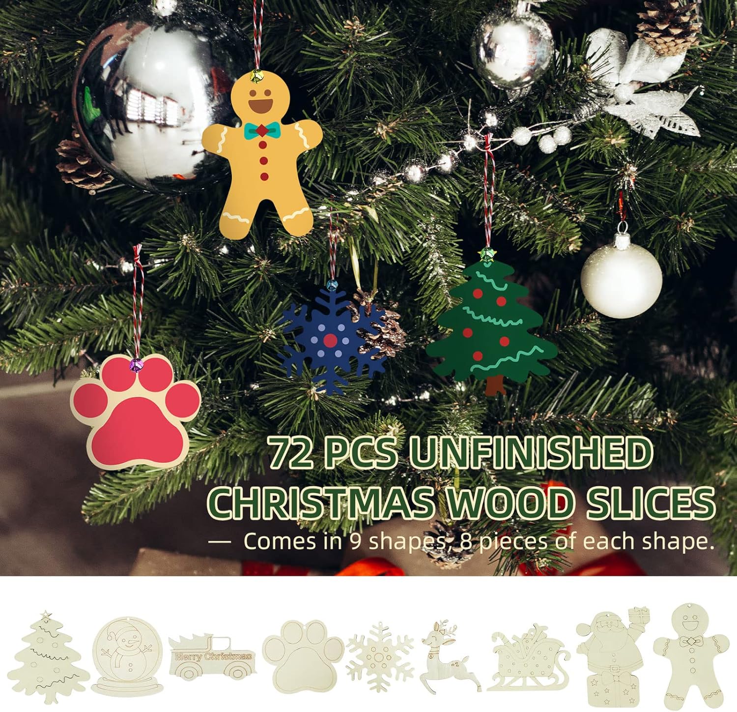 Wooden Christmas Ornaments, 176 PCS Unfinished Predrilled Wood Ornaments Set with 72 Blank Wood