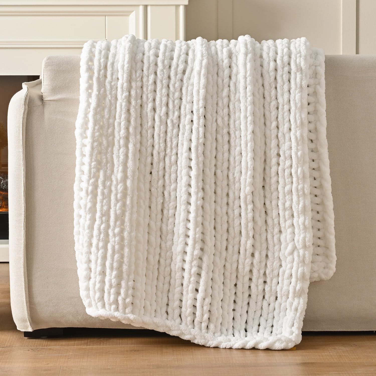 Esterra 100% Hand Knitted Chenille Throw Blanket, 50"x60", White, Polyester, Chunky Knit, Throw