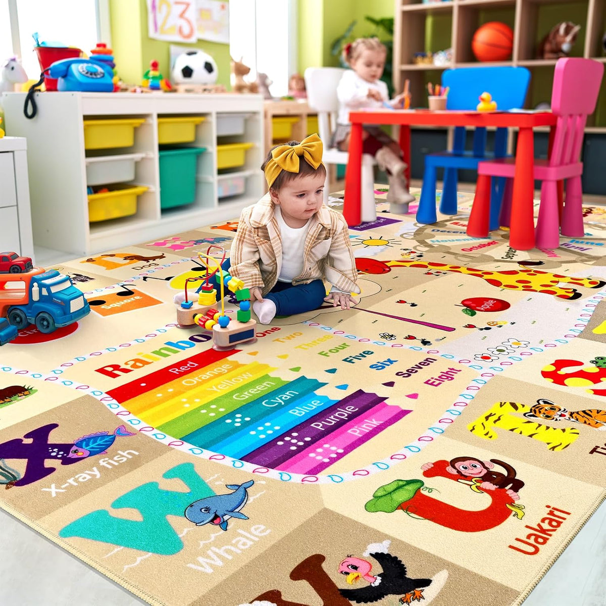 7x10 Playroom Rugs for Kids Washable, Educational and Fun Playmat with ABC Alphabet Animals Shapes