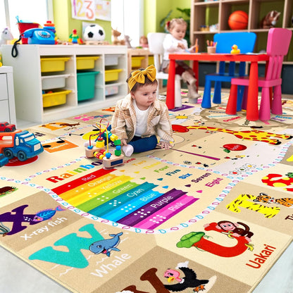 7x10 Playroom Rugs for Kids Washable, Educational and Fun Playmat with ABC Alphabet Animals Shapes