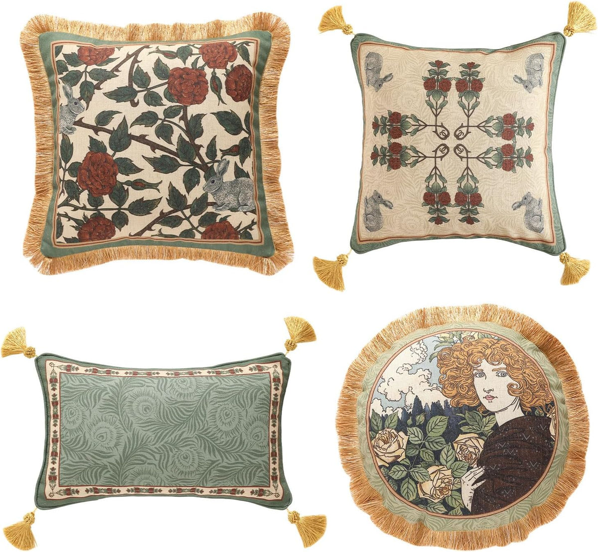 patdrea Designer Throw Pillow Covers Set of 4,French Elegant Green Linen with Rose Collection