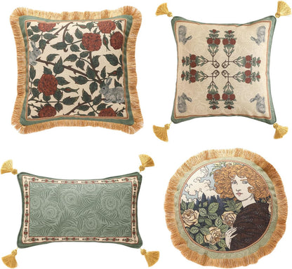 patdrea Designer Throw Pillow Covers Set of 4,French Elegant Green Linen with Rose Collection