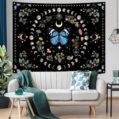 Aipon Blue Butterfly Moon Flower Tapestry Botanical Boho Plant Floral Wall Hanging for Bedroom and