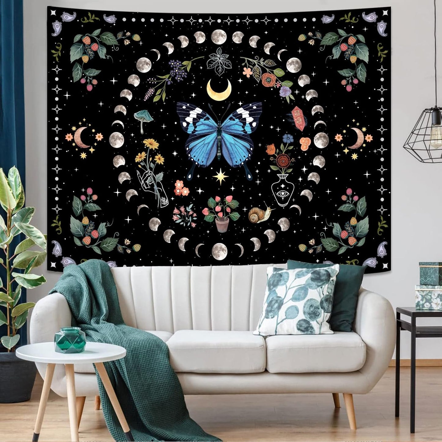 Aipon Blue Butterfly Moon Flower Wall Hanging - Botanical Boho Floral Tapestry for Bedroom & Living
