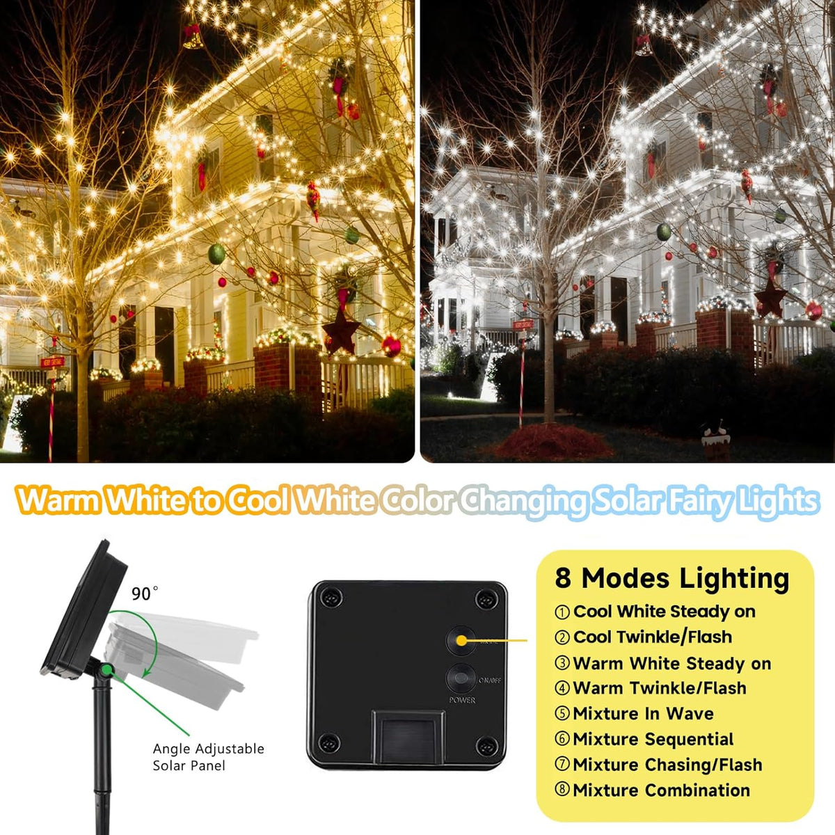 SANJICHA Warm White and Cool White Color Changing Solar String Lights, Extra-Long 2PK 144FT 400LED