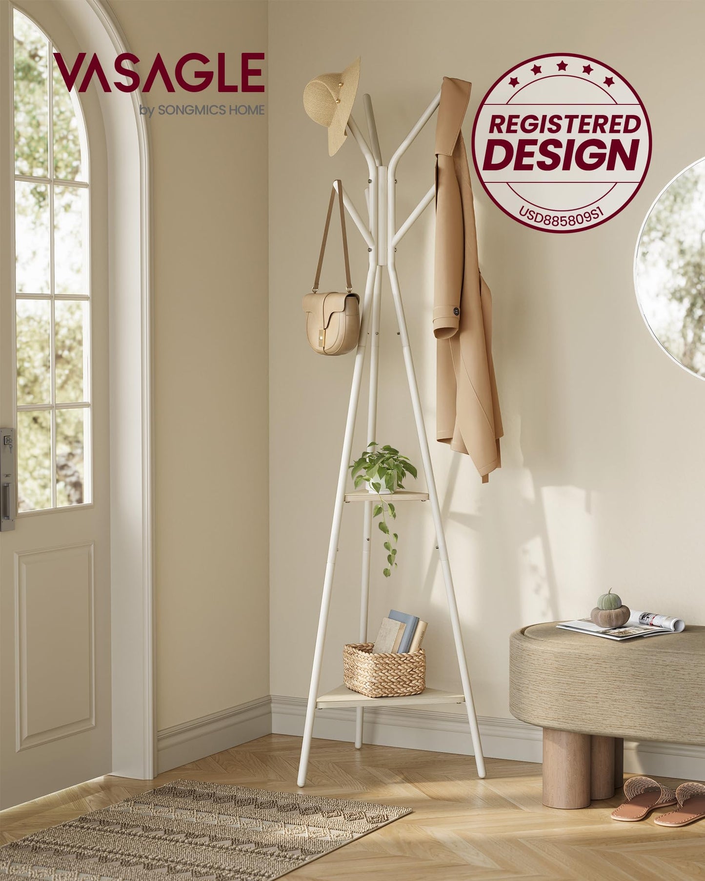 VASAGLE Coat Rack Freestanding, Hall Tree with 2 Shelves