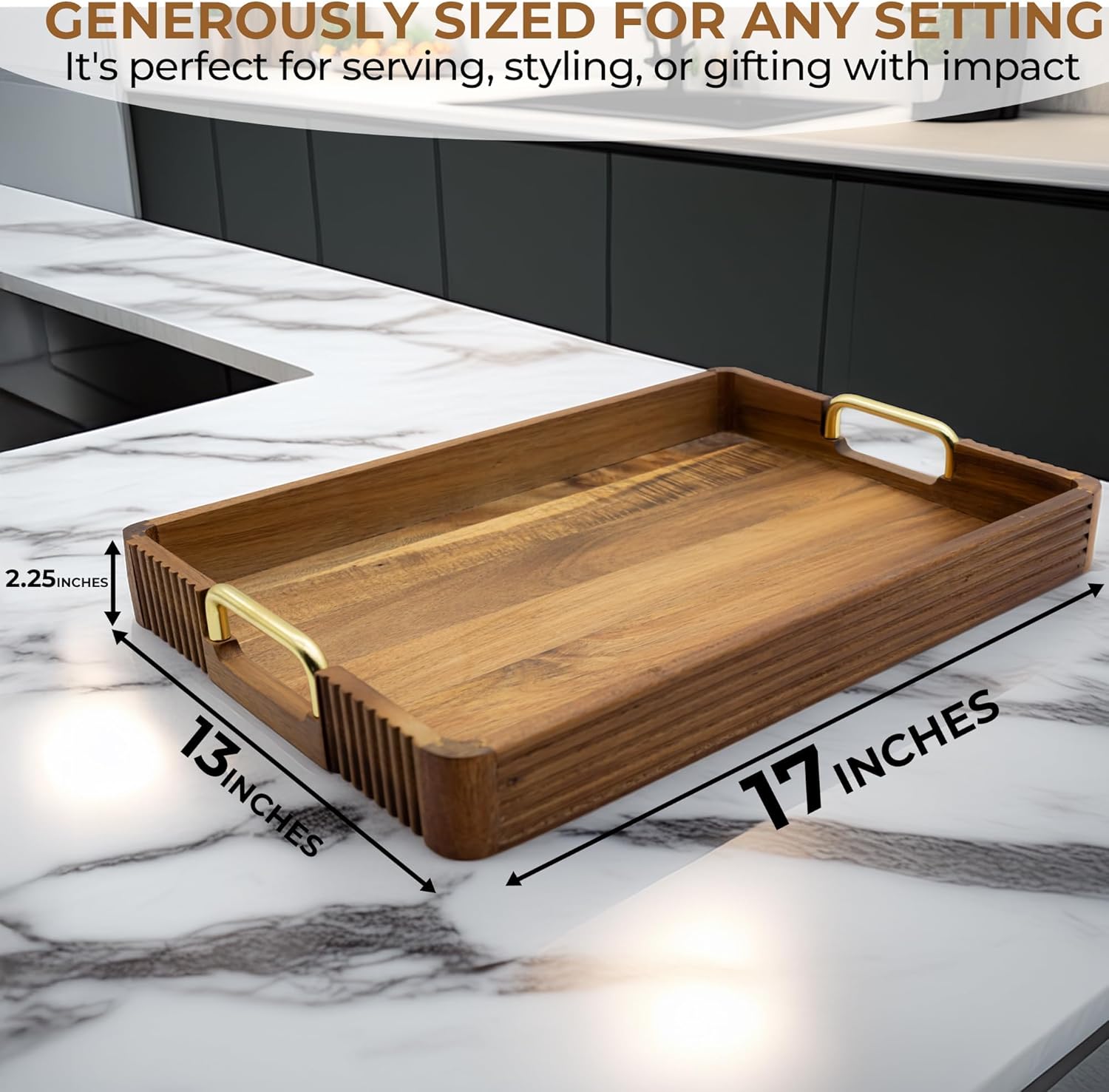 Acacia Wood Serving Tray with Metal Handles  – 17x12in Rustic Decorative Ottoman & Coffee Table