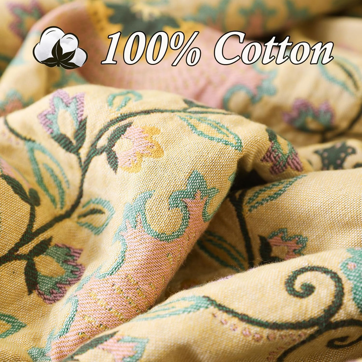 Snycler Boho Throw Blanket 60"x80" - 100% Cotton Ultra Soft Rustic Quilt, Green Floral Printed