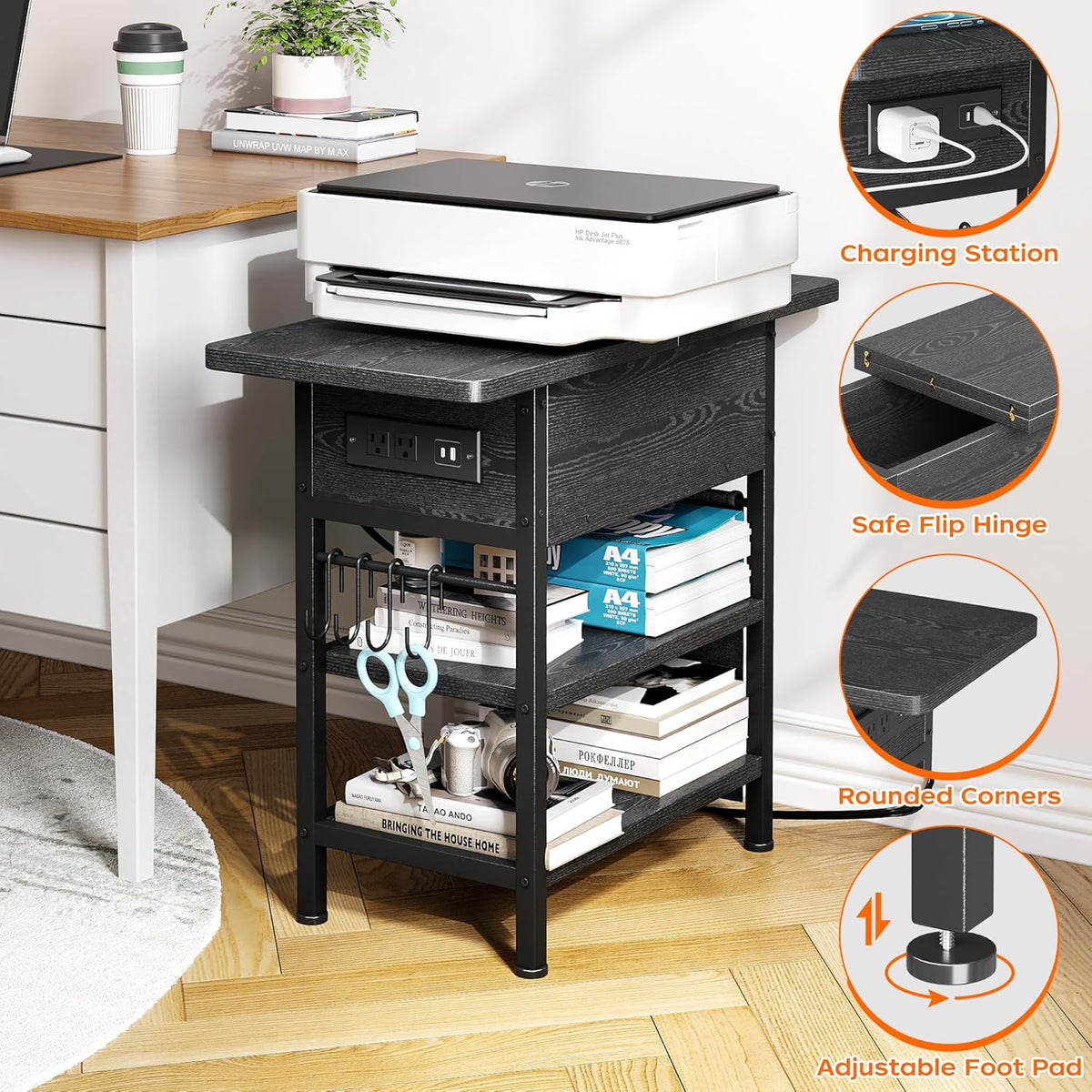 End Table with Charging Station, Flip Top Nightstand with USB Ports and Outlets,Couch Side Table
