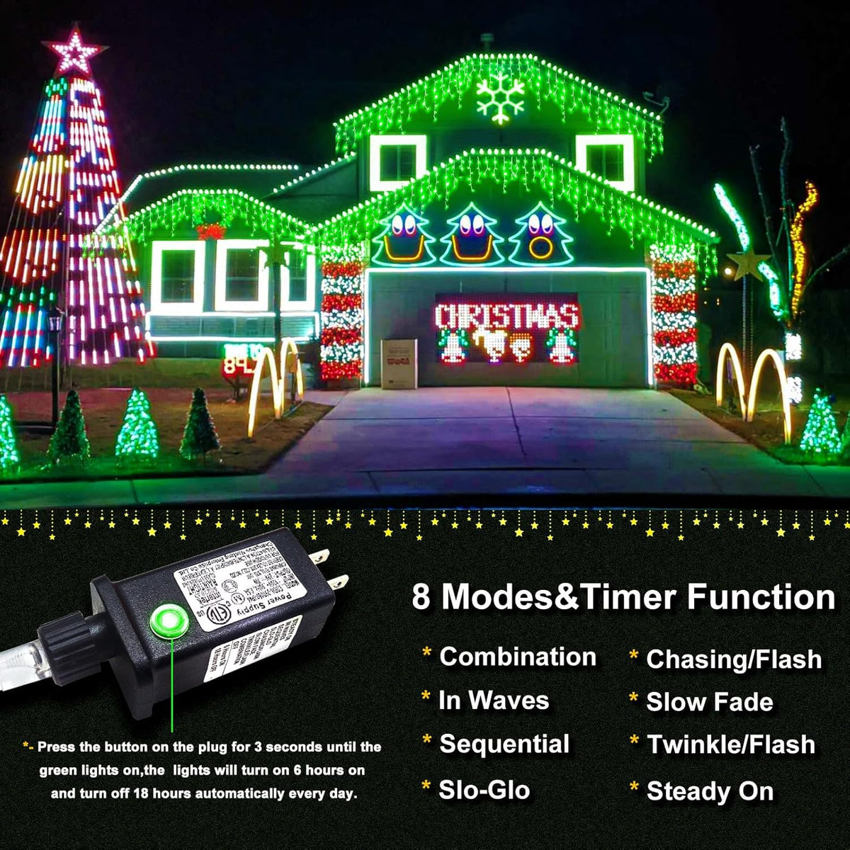 Green Christmas Lights Outdoor, 33ft 400 LED Icicle Lights for Outside House with Connectable Clear