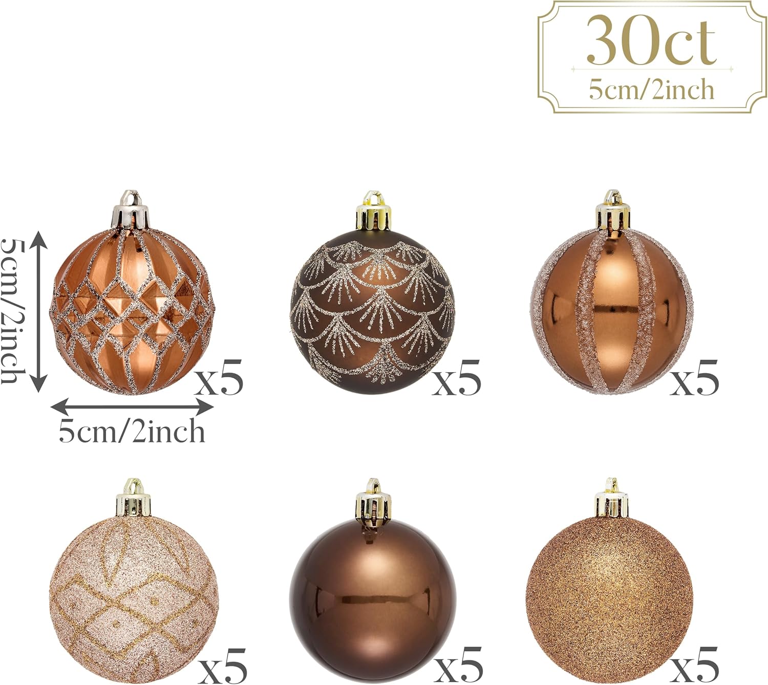 Valery Madelyn Christmas Ornaments Set, 30ct 2 Inches Bronze Copper Brown Gold Shatterproof