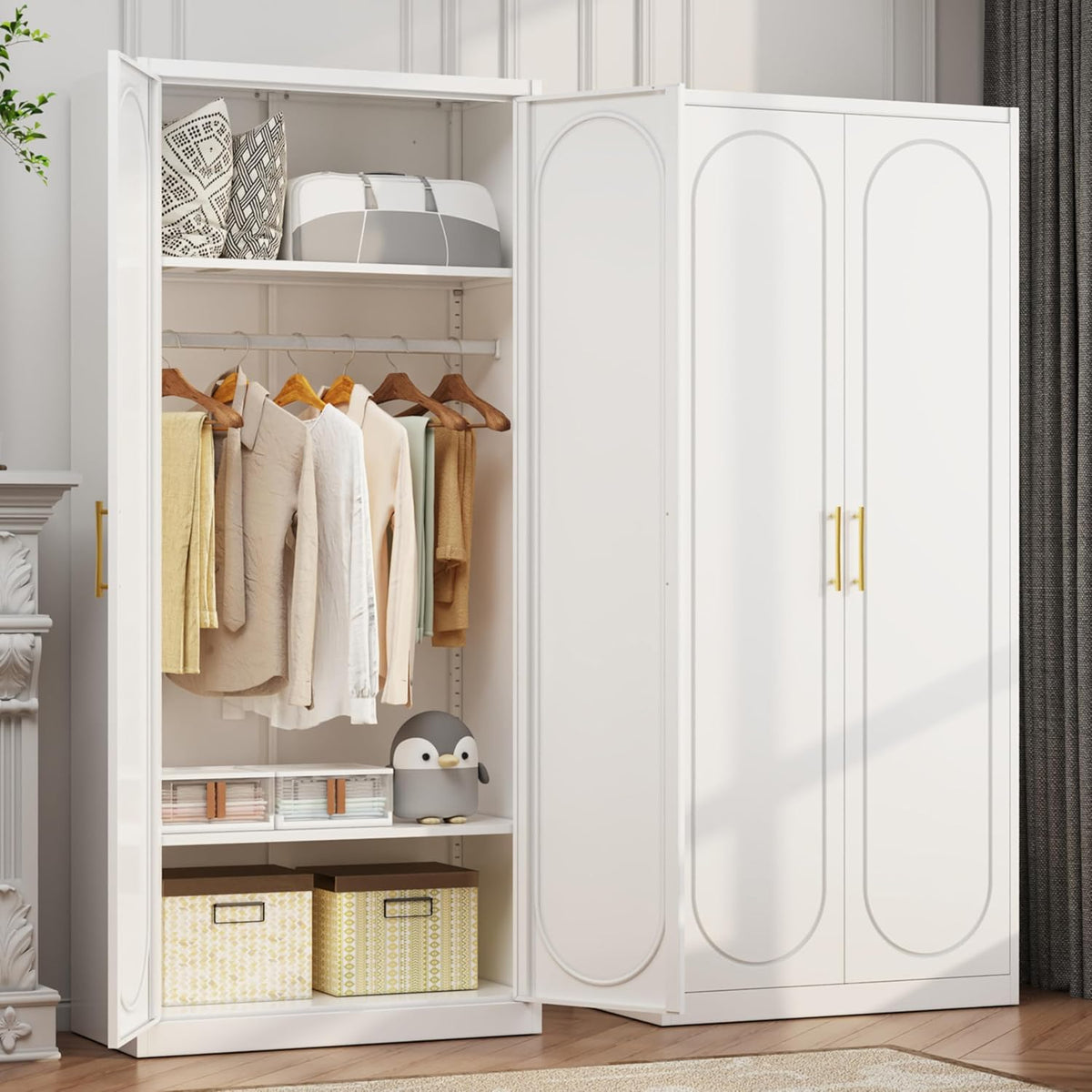 71" White Wardrobe Closet with 2 Doors, Metal Armoire Wardrobe Cabinet with Hanging Rod and