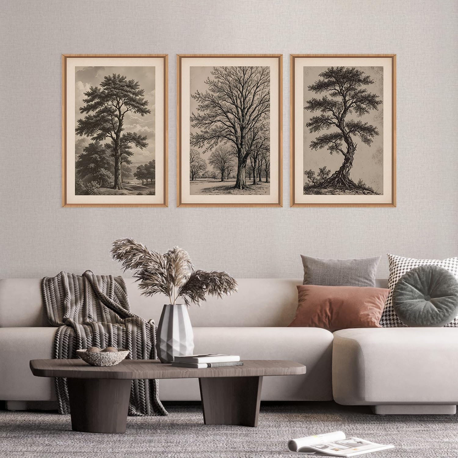 HPINUB Vintage Sketch Tree Framed Canvas Wall Art Set,Modern Nature Botanical Wall Decor, Antique