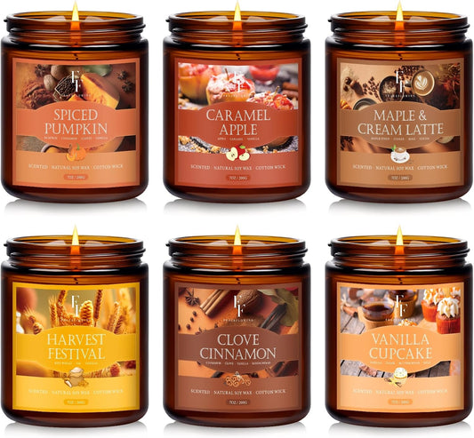 Fall Candles Set, 6 Pack Candles for Home Scented Natural Soy Wax, Autumn Gifts Set for Women Men
