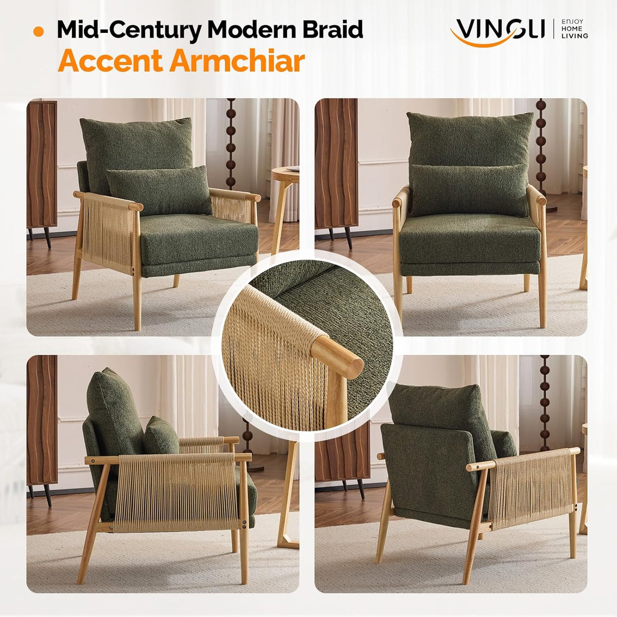 VINGLI Boho Braid Accent Armchairs Set of 2,Mid-Century Modern Chiars with Solid Wooden
