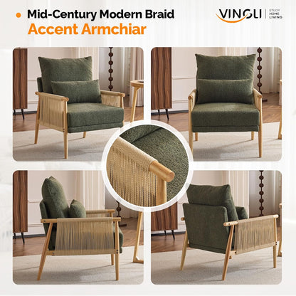 VINGLI Boho Braid Accent Armchair,Mid-Century Modern Chiar with Solid Wooden Armrest,Comfy Louge