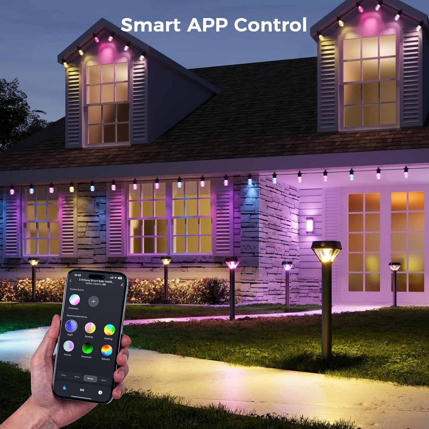 XMCOSY+ Smart Solar Lights Outdoor with Motion Sensor, 150LM APP Control RGBCW Color Changing