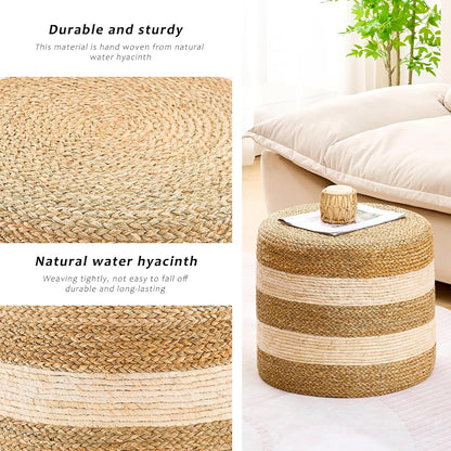 Handwoven Ottoman Pouf, Natural Seagrass Footstool, Round Braided Outdoor Seat with Sturdy Frame