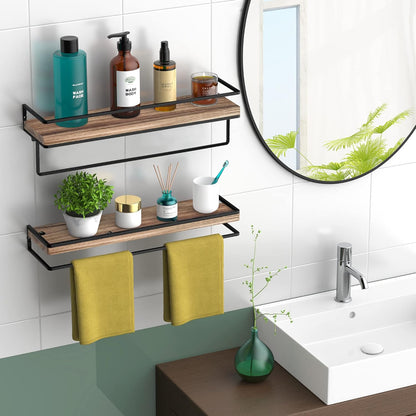 Meangood Floating Shelves Wall Mounted Set of 2, Wall Shelf with Towel Bar Rustic Wood Wall Storage