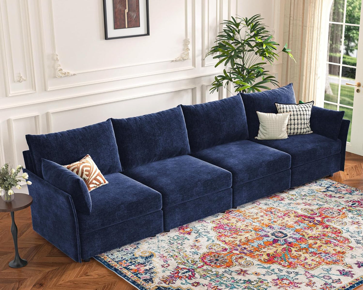 134.6" Modular Sectional Sofa, Oversized 4 Seater Blue Couch with Removable Chenille Fabric Cover