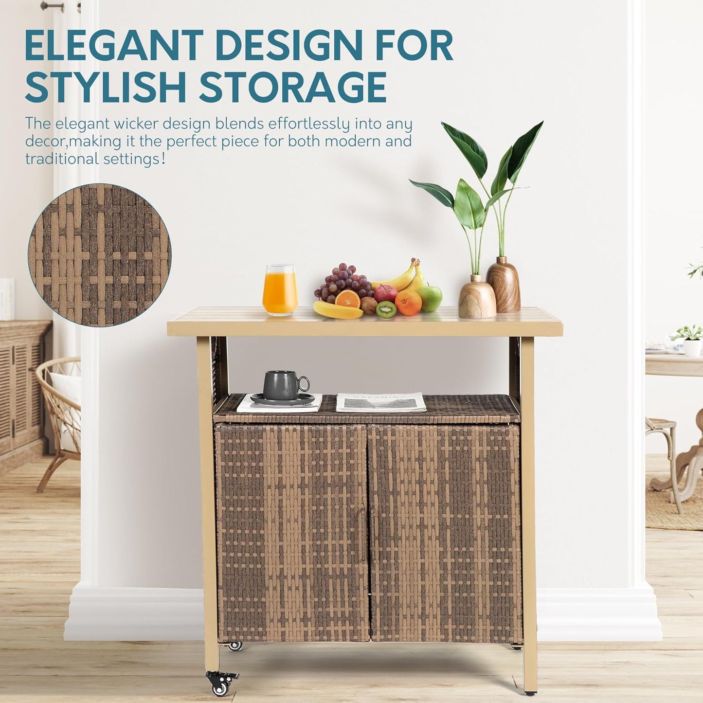 Outdoor Indoor Storage Cabinet with Rolling Wheels, Patio Serving Cart with Bar Table and Wicker