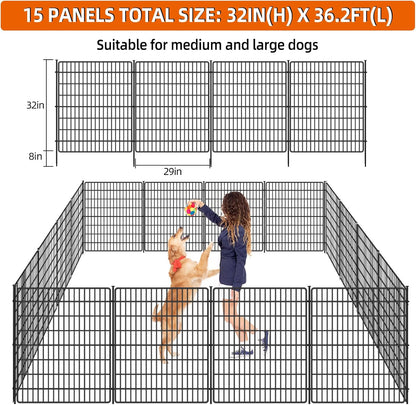 15 Panels No Dig Fence with Gate, 32 in(H) X 36 ft(L) Garden Decorative Fence Animal Barrier for