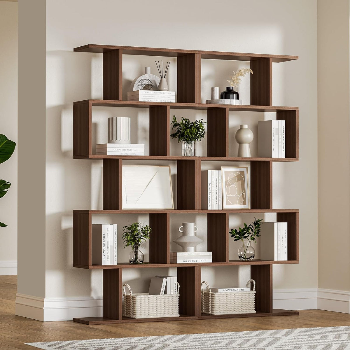 Brown 5-Tier Geometric Bookcase, S-Shaped Modern Bookshelf Set of 2, 62.6" Tall Room Divider Book