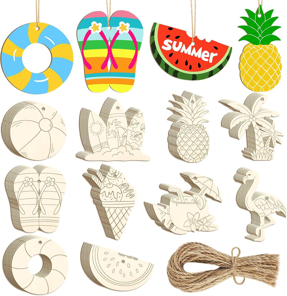 80PCS Wooden Summer Ornaments to Paint, 10 Styles DIY Blank Unfinished Wood Beach Cutouts Ornament