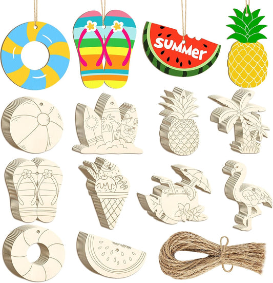 80PCS Wooden Summer Ornaments to Paint, 10 Styles DIY Blank Unfinished Wood Beach Cutouts Ornament