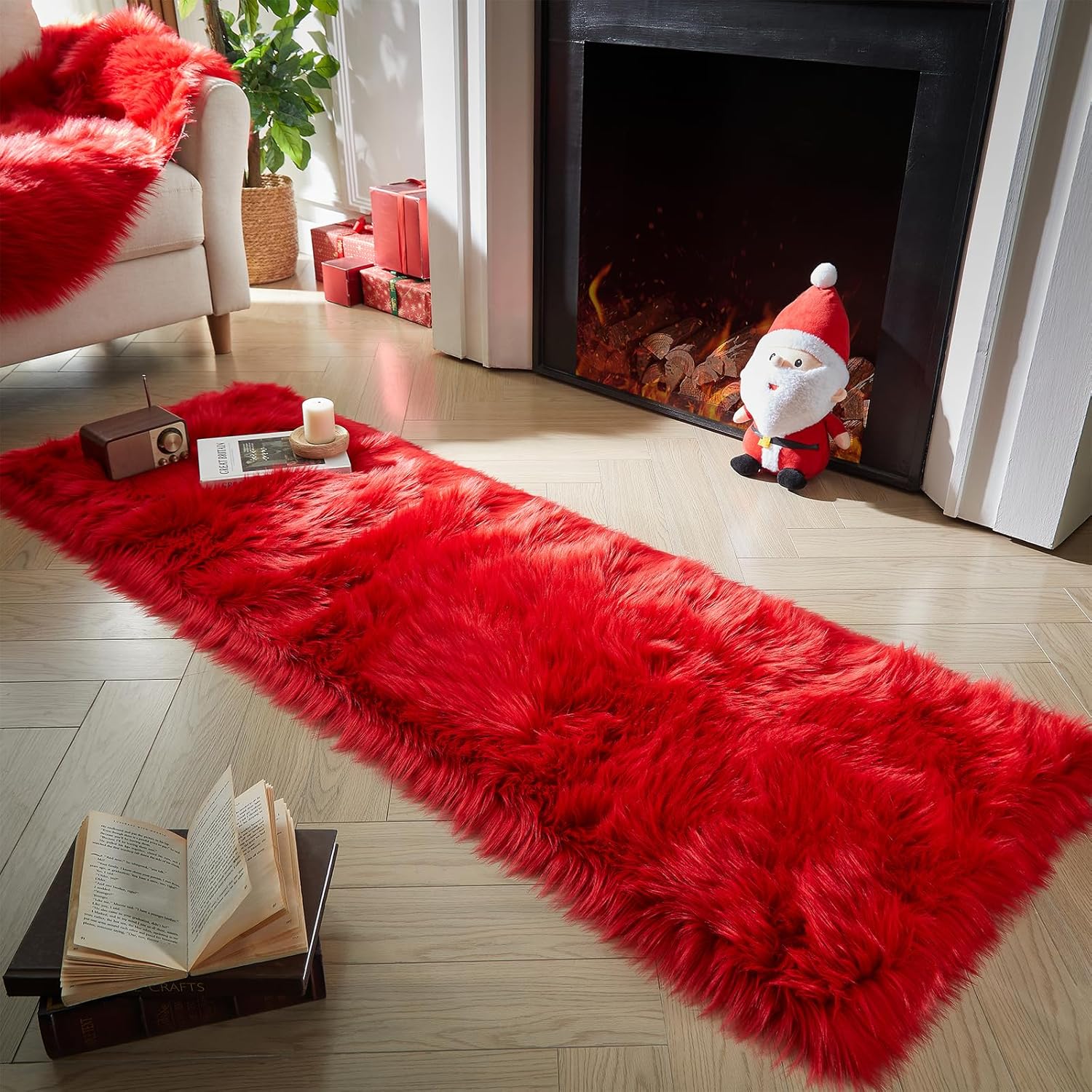 AMTOVO Faux Fur Rug, Red Ultra Soft Fluffy Shag Sheepskin Rug, 2 x 6 ft Runner Area Rugs for