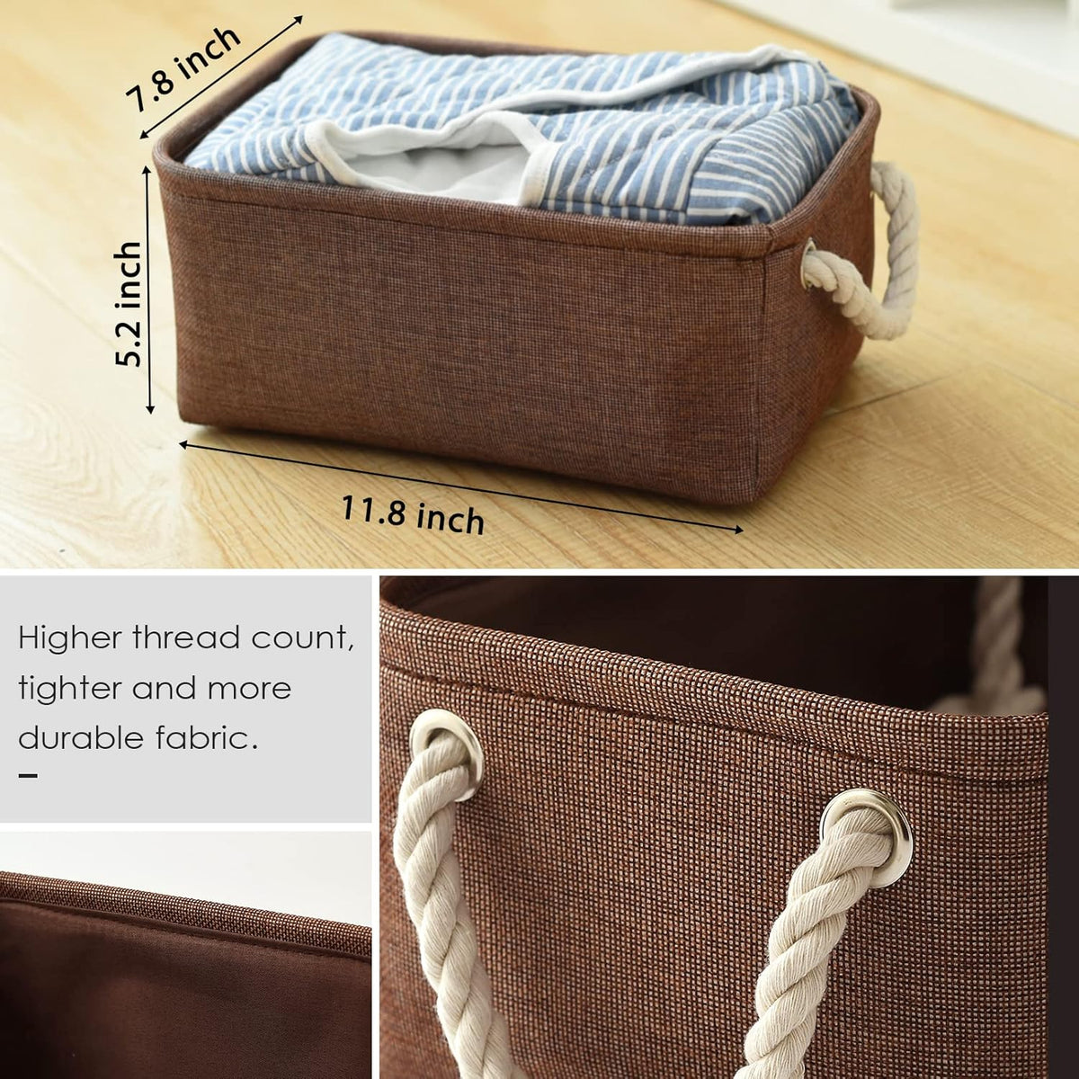 TheWarmHome Small Fabric Canvas Storage Bin with Cotton Rope Handles - Foldable Empty Basket for