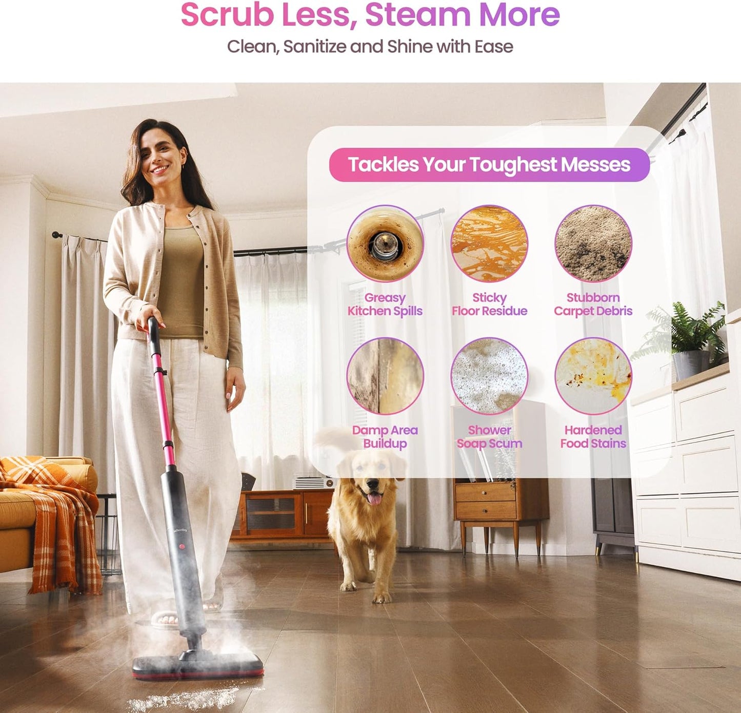 Schenley Steam Mop Cleaner Powerful - 15s Fast Heat-Up, Chemical-Free for Hardwood/Tile/Laminate &