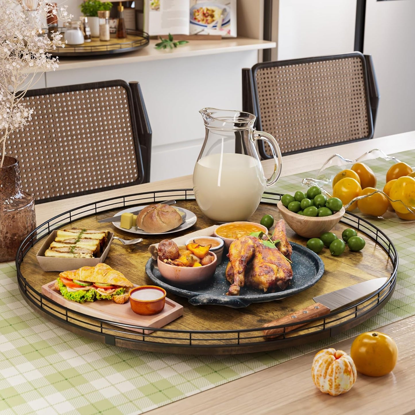 Lazy Susan Turntable Organizer for Table Top, 24’’ Round Wooden Lazy Susan for Cabinet Kitchen