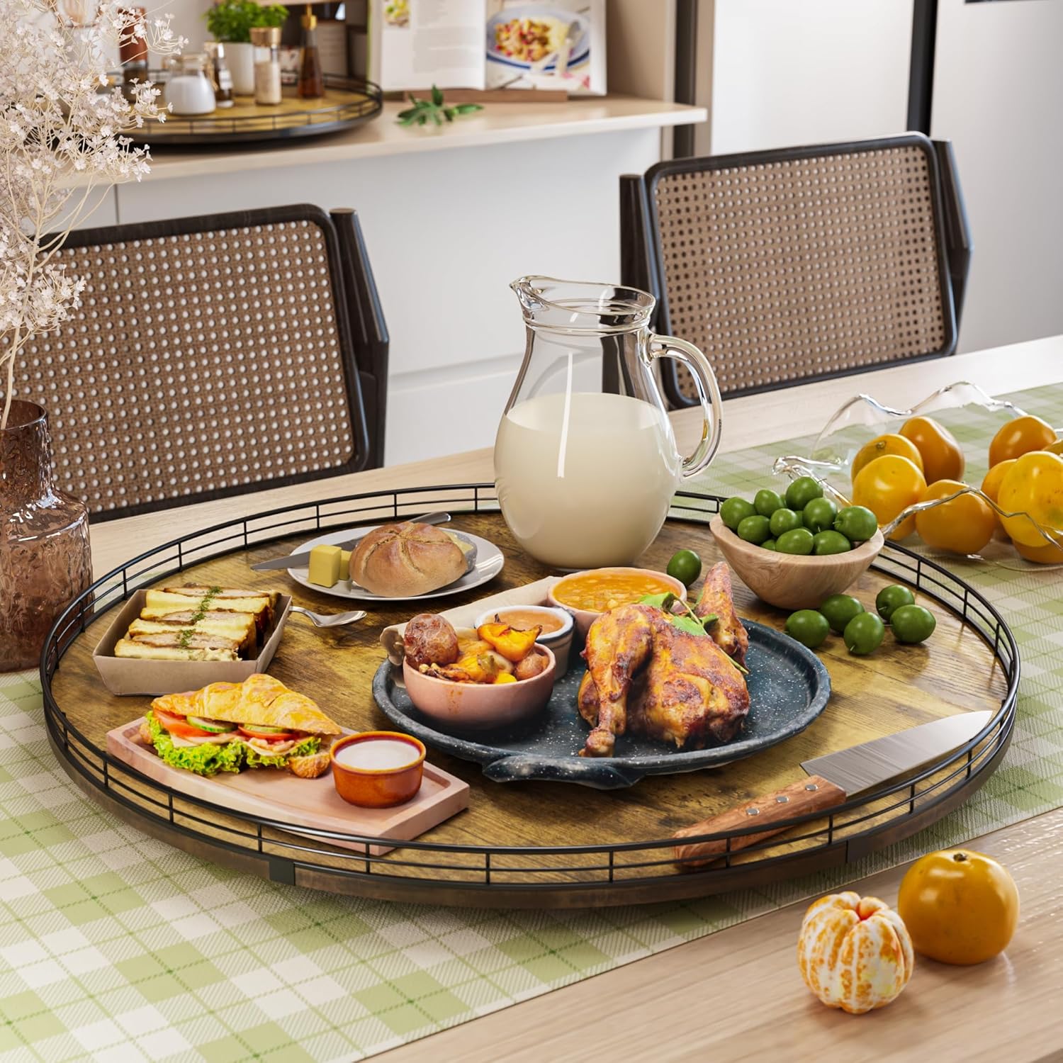 Lazy Susan Turntable Organizer for Table Top, 24’’ Round Wooden Lazy Susan for Cabinet Kitchen