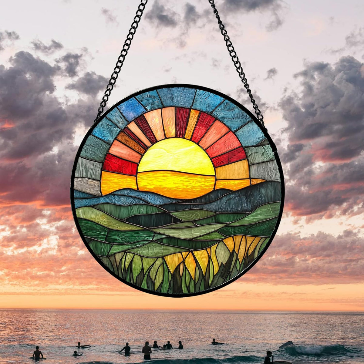 Stained Glass Window Hanging, Golden Red Sun Green Mountain Suncatcher for Window Home Decor Nature