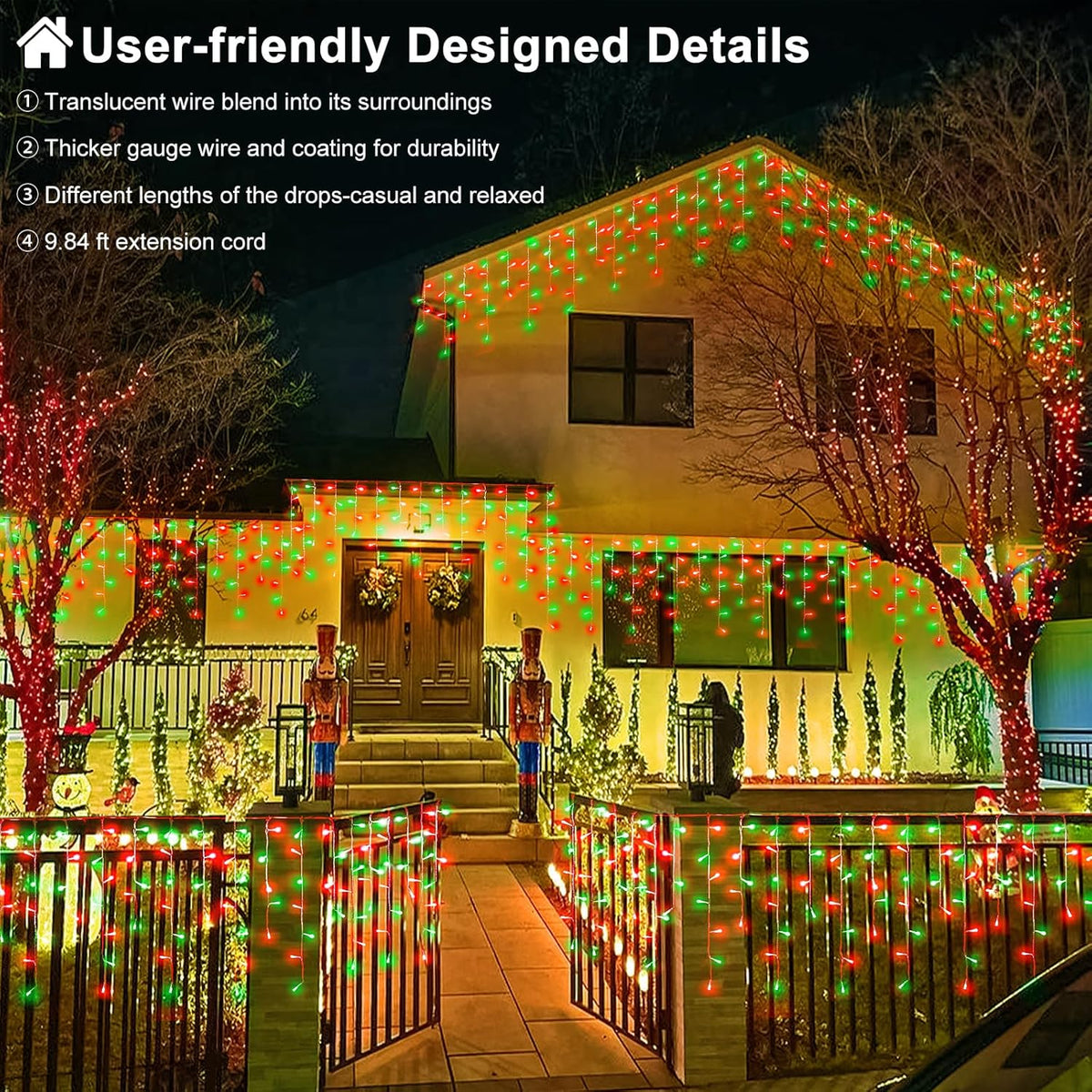 33ft Red and Green Christmas Lights, 400 LED Icicle Lights for Outside, Clear Wire Connectable